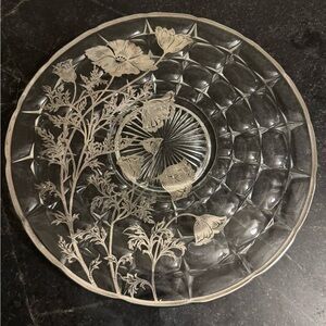 Vintage Silver City Poppy Pattern Silver Overlay Glass Footed Cake Plate/Platter